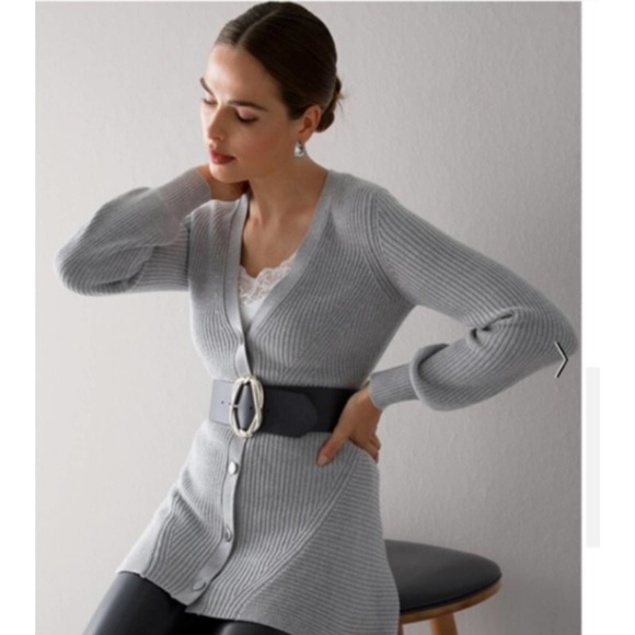 White House Black Market Sweaters - White House Black Market Gray Ribbed Cardigan Button Front Flared Women's Large